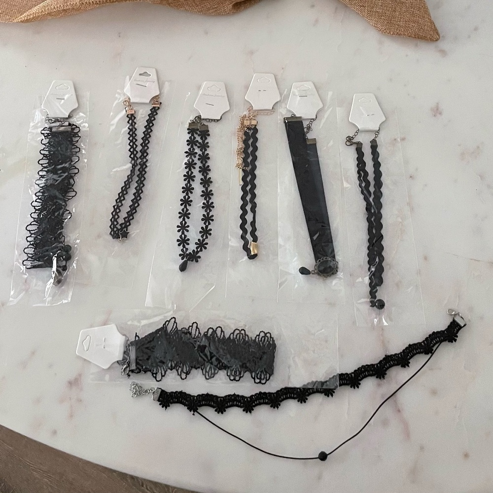 Set of 8 Black Lace Choker Necklaces